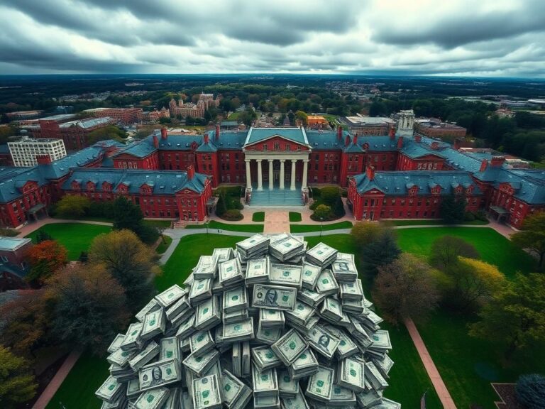 Flick International Aerial view of Harvard University's campus with dollar bills and an American flag