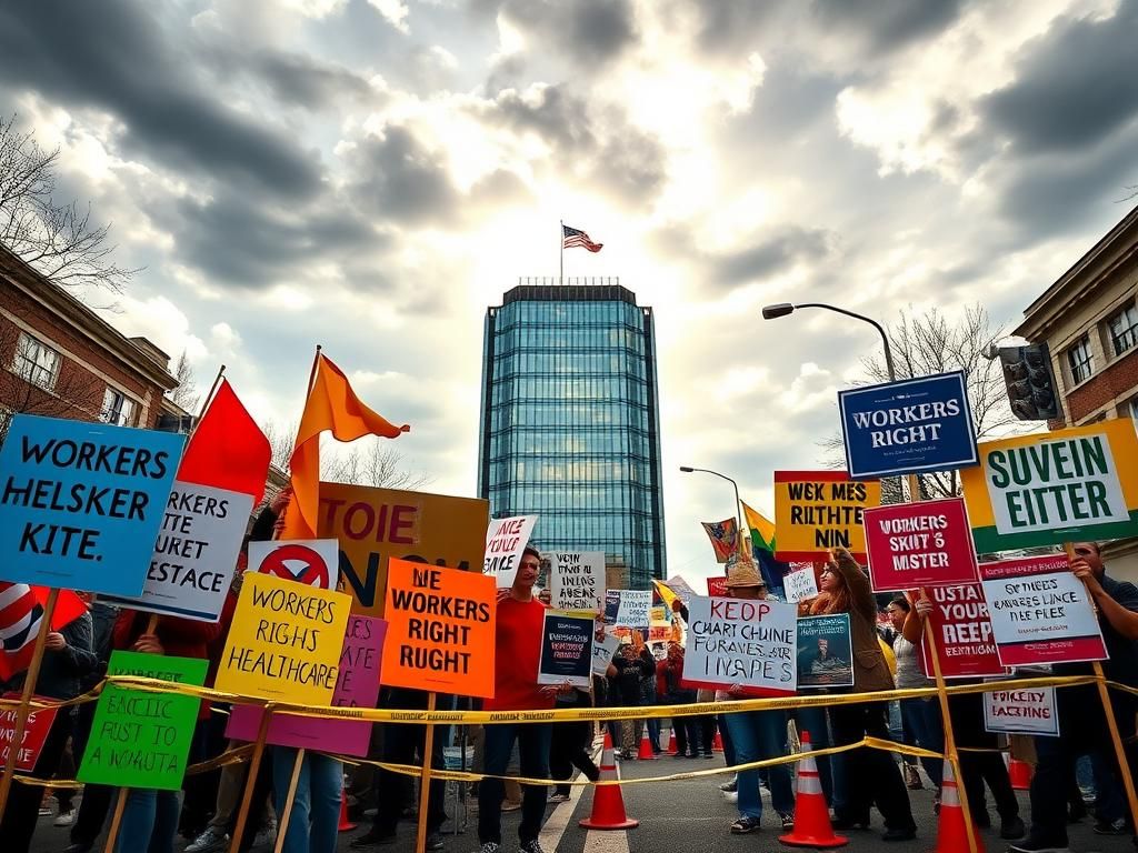 Flick International Colorful protest signs with bold slogans related to workers' rights and healthcare in front of a large glass government building.
