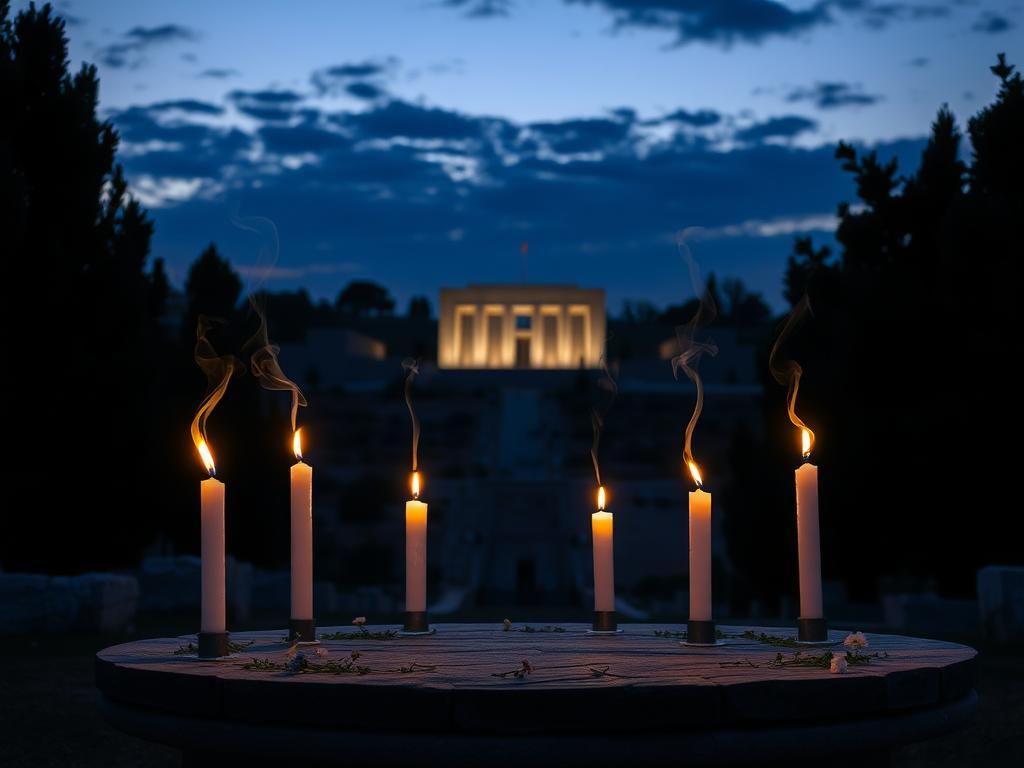 Flick International A peaceful memorial site in Israel with flickering candles honoring Holocaust victims
