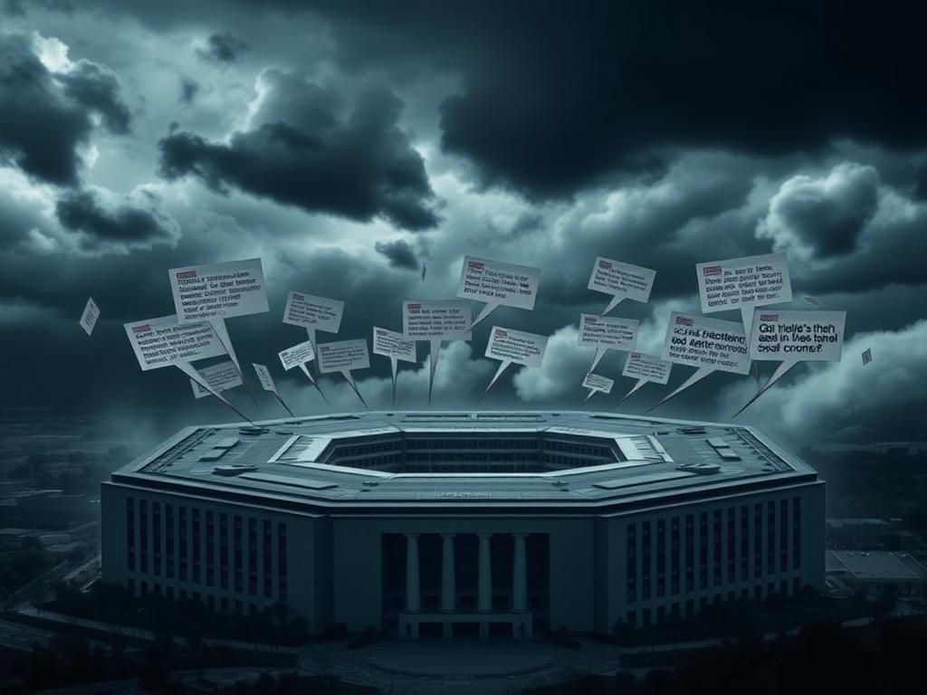 Flick International Dramatic representation of the Pentagon under a stormy sky illustrating internal conflict