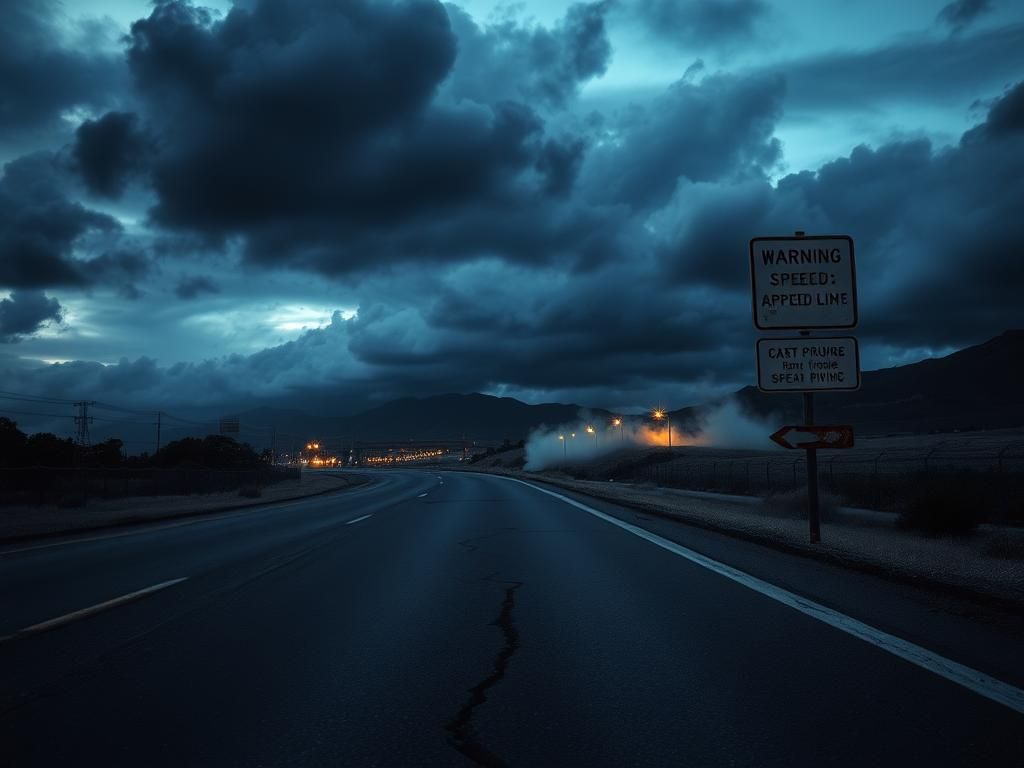 Flick International Empty California freeway at dusk with storm clouds and cracked road surface symbolizing consequences of reckless driving