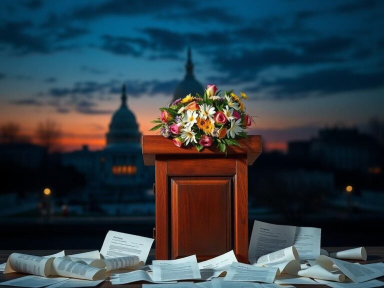 Flick International A weathered wooden podium adorned with a bouquet of fresh flowers against a twilight sky
