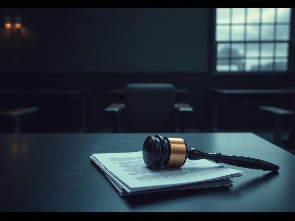 Flick International A dimly lit courtroom with an empty defendant's chair and a gavel on legal documents