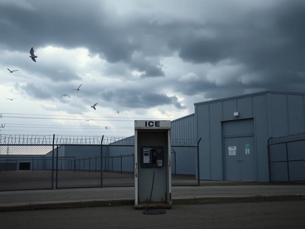 Flick International Exterior view of a U.S. Immigration and Customs Enforcement detention facility with barbed wire and stormy skies