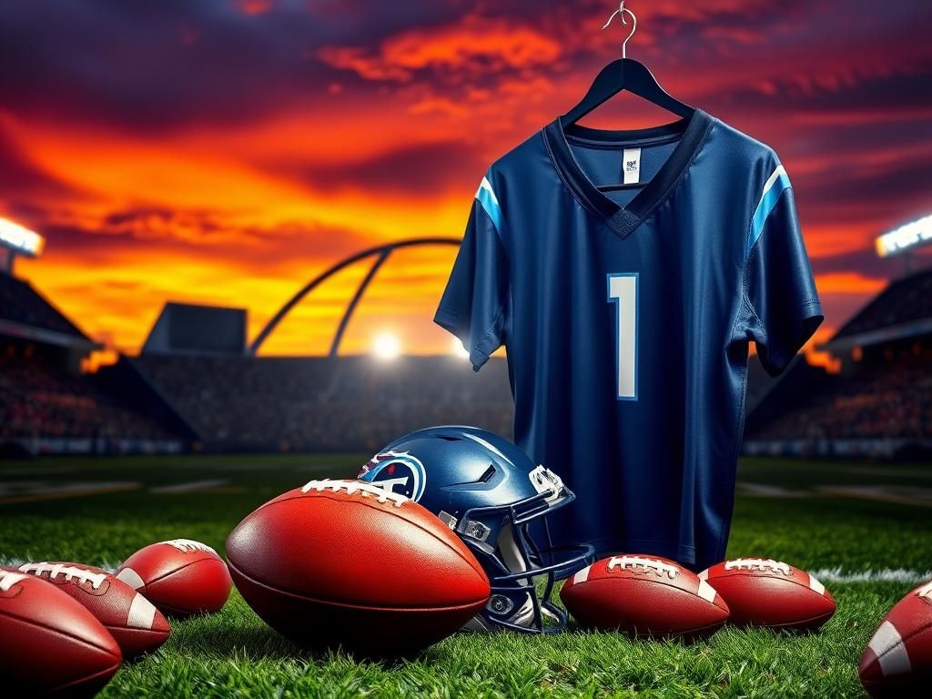Flick International A football field illuminated by stadium lights, featuring a Titans helmet and jersey as symbols of new beginnings
