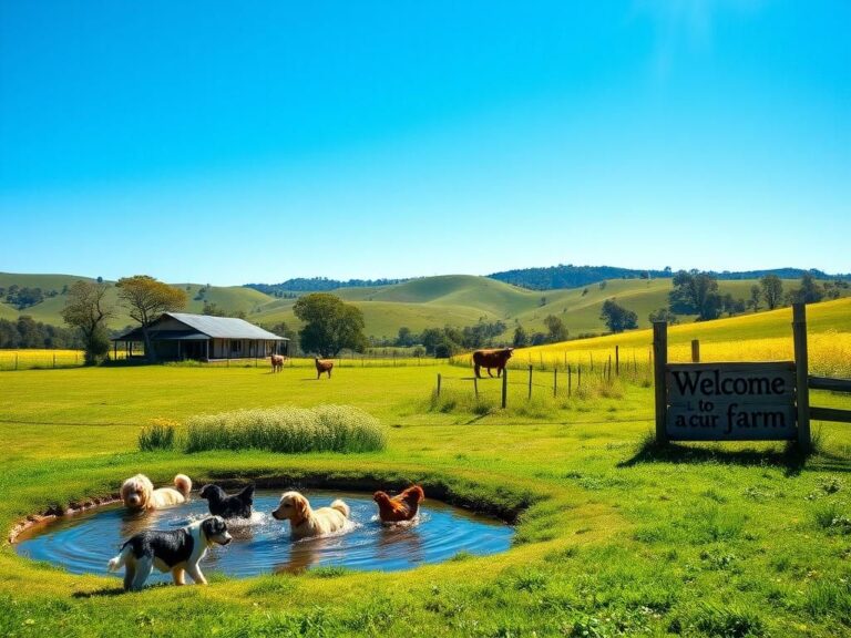 Flick International Playful dogs splashing in a small dam on a 40-acre rural farm in Australia