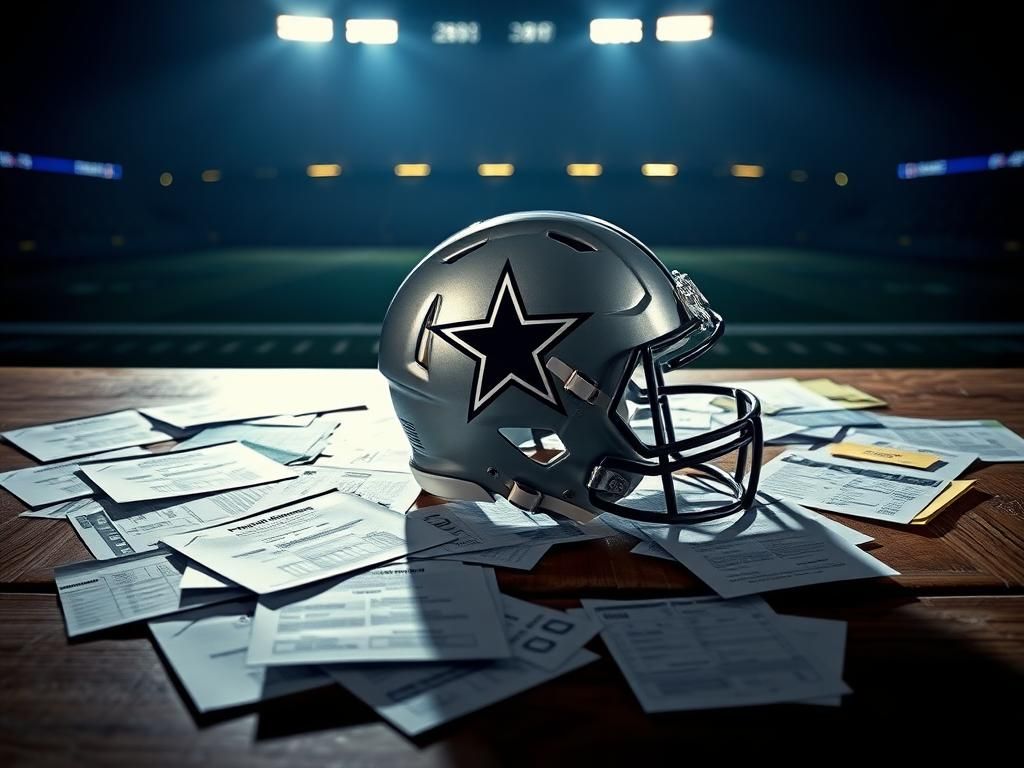 Flick International Football helmet of the Dallas Cowboys on a wooden table with draft documents