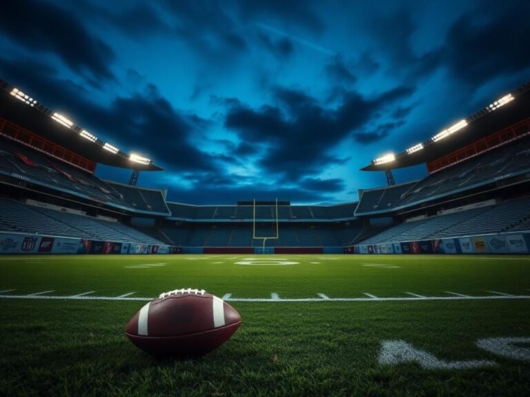 Flick International Empty football stadium at dusk with a lone tarnished football in focus