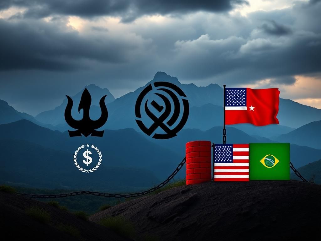 Flick International Dramatic landscape of the Tri-Border Area depicting symbols of Iran's IRGC, Hamas, and Hezbollah against a mountainous backdrop