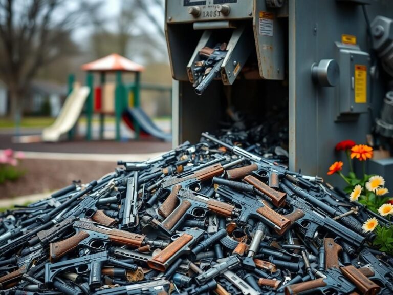 Flick International Large industrial gun chipper in action with dismantled firearms being fed into it