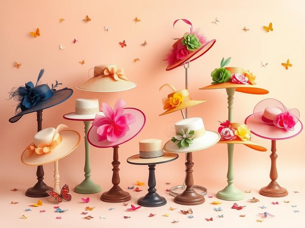 Flick International Array of elegantly designed hats displayed on vintage hat stands