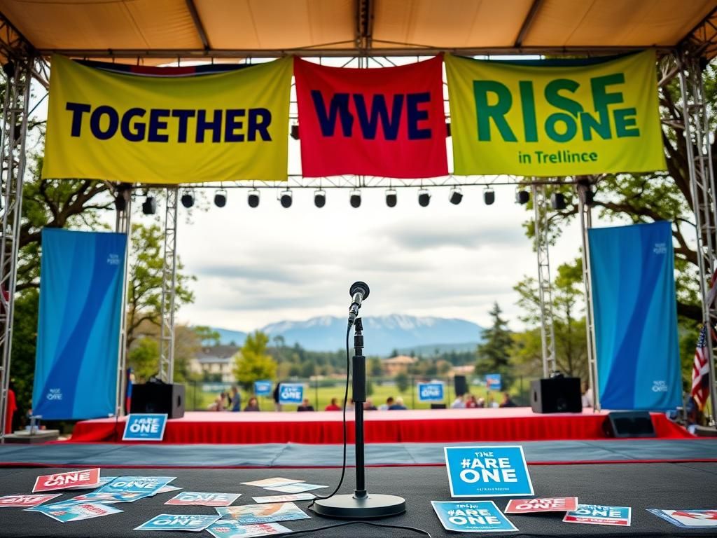 Flick International A vibrant political campaign stage with colorful banners promoting unity.