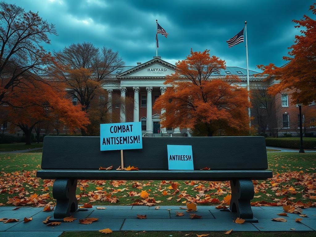 Flick International Iconic university building framed by autumn trees with protest signs against antisemitism