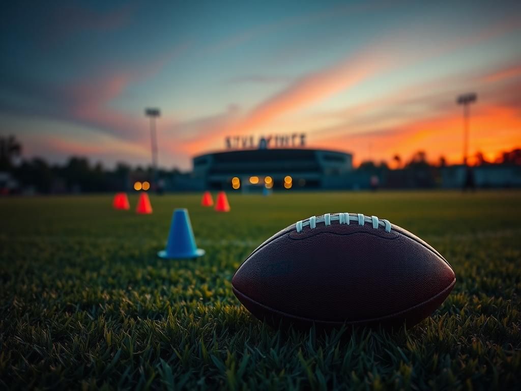 Flick International A well-worn football on a vibrant football field at dusk