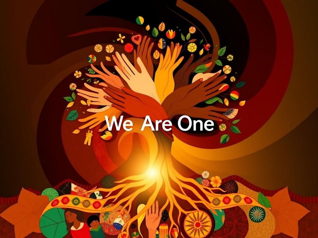 Flick International Abstract representation of unity and diversity with swirling mosaic colors and cultural symbols