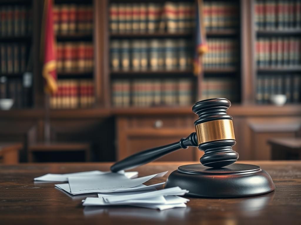 Flick International Courtroom scene with gavel and empty jury box symbolizing justice