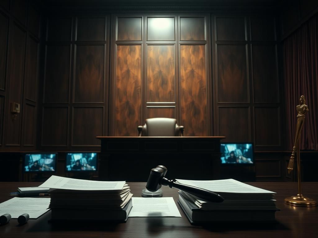 Flick International Dimly lit courtroom with a gavel and legal documents