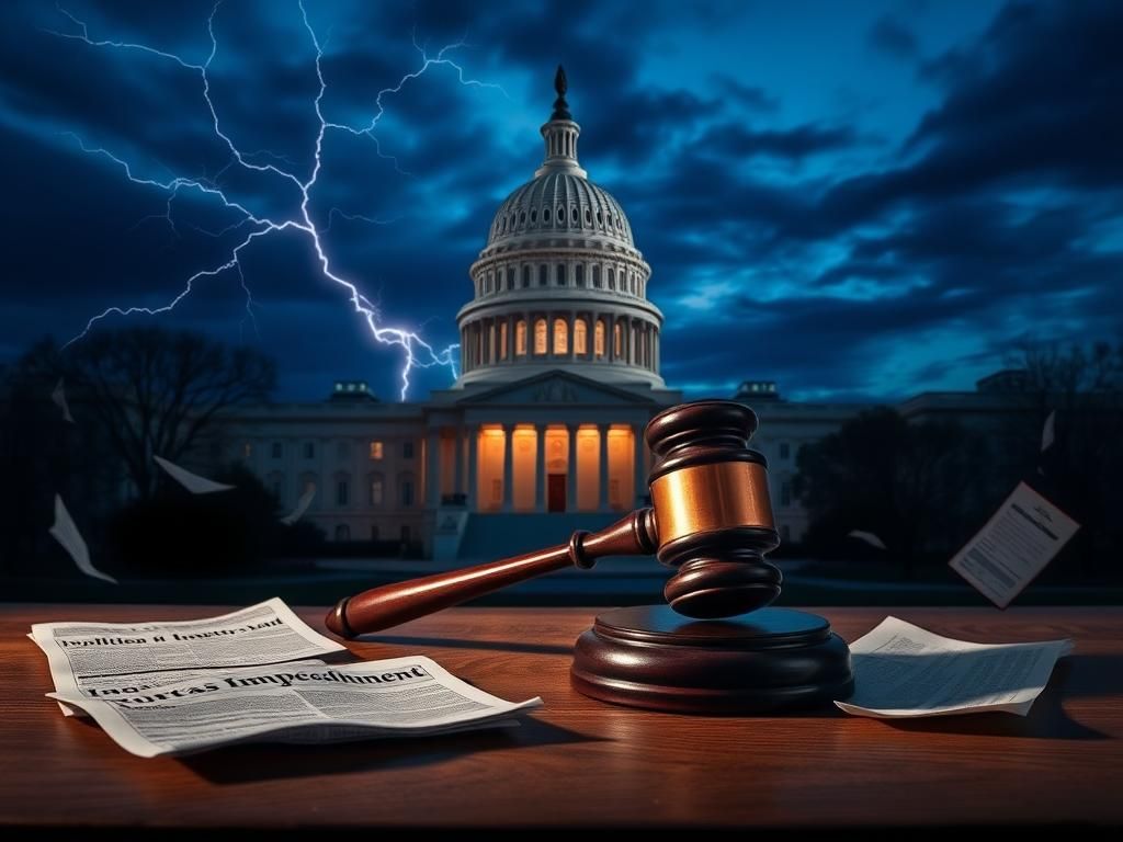 Flick International The U.S. Capitol building illuminated during a stormy twilight, symbolizing political turmoil and impeachment discussions.