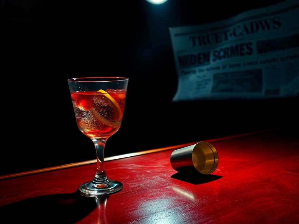 Flick International Dark bar scene featuring an empty cocktail glass and a half-filled shaker, reflecting themes of secrets and hidden truths in true crime.
