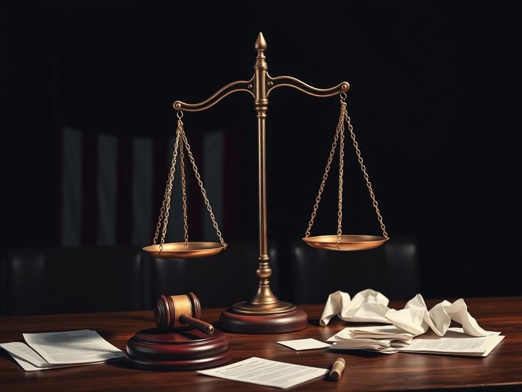 Flick International A somber courtroom scene with the scales of justice tipped, symbolizing political power struggles.