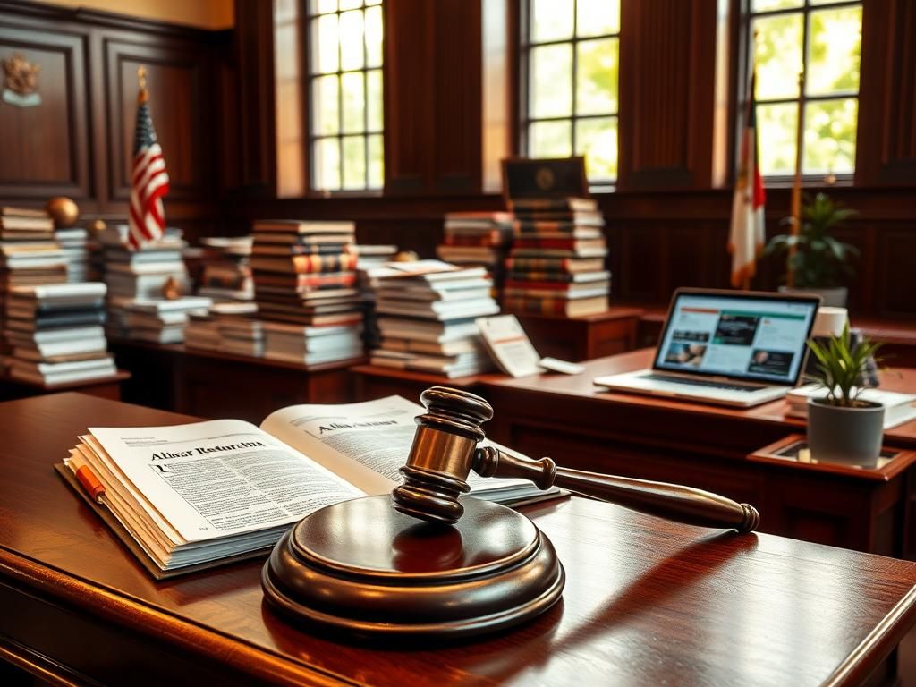 Flick International A courtroom scene with a gavel, legal books, and an open file labeled 'Ahwar Sultan'