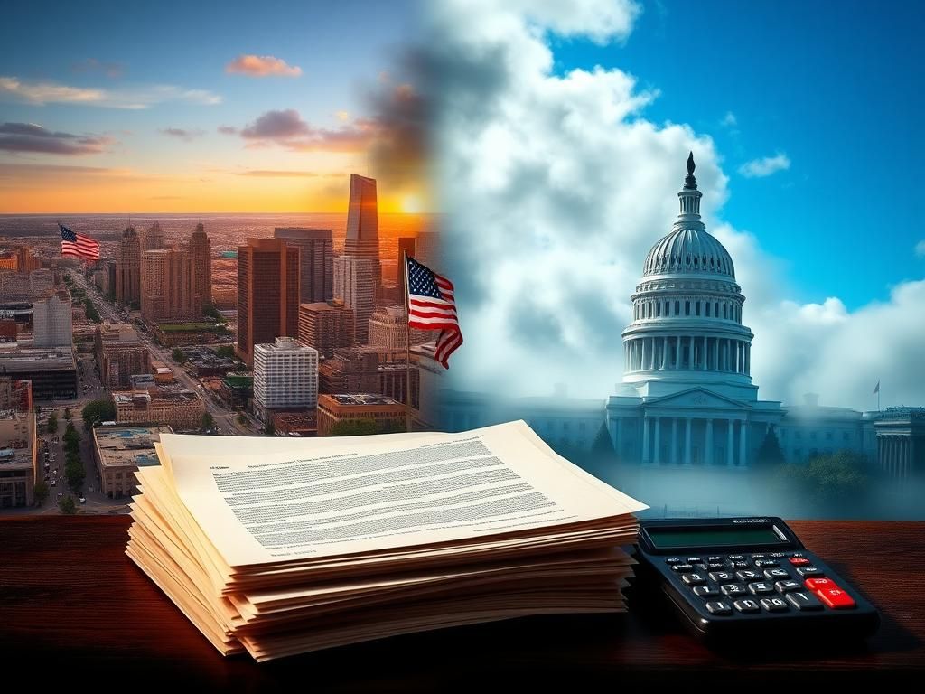 Flick International A divided landscape showcasing a vibrant American city and shadowy government buildings