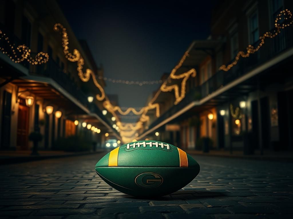 Flick International A vibrant green and gold football resting on the cobblestone street of a darkened New Orleans at night, symbolizing hope amidst tragedy.