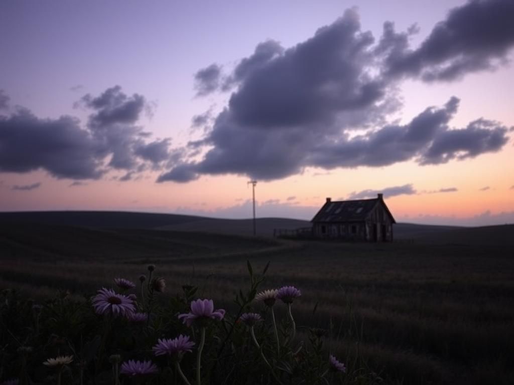 Flick International Serene rural landscape at dusk with a weathered farmhouse and a wilting flower garden