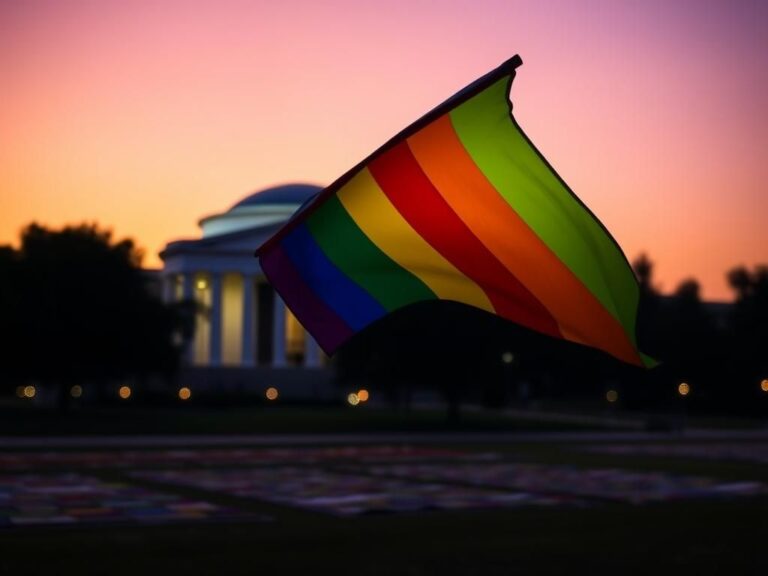 Flick International Close-up of a vibrant rainbow flag waving in front of the Kennedy Center at dusk