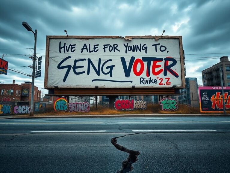 Flick International A crumbling political billboard covered in graffiti reflecting disillusionment among young voters.