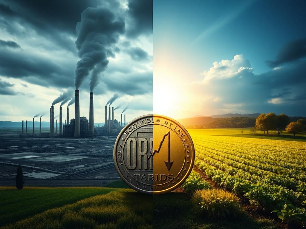 Flick International A split landscape showing contrasting economies: industrial downturn on one side and agricultural prosperity on the other.