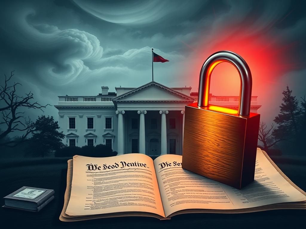 Flick International Stylized depiction of the White House with stormy skies and a padlock on the Constitution symbolizing political tension