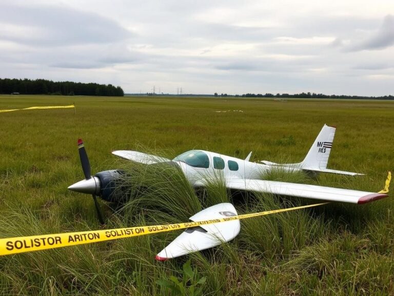 Flick International Aftermath of a plane crash in rural Tennessee, showing aircraft debris in a grassy field