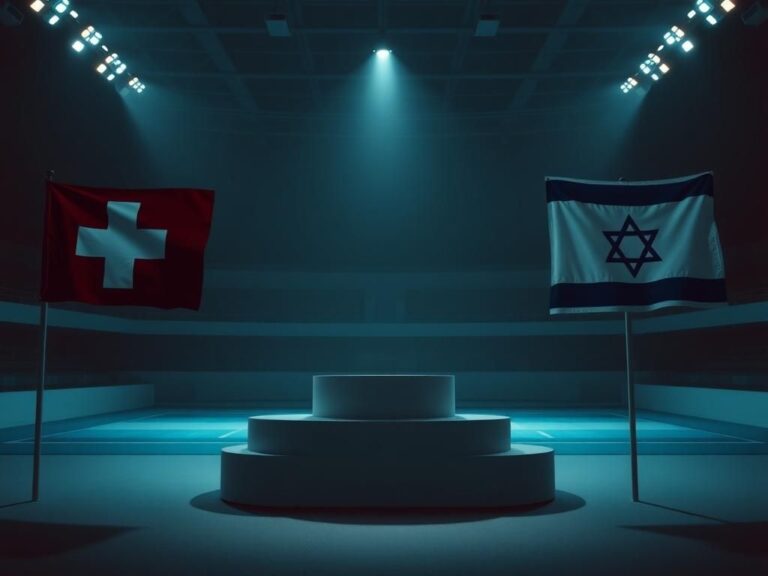Flick International Switzerland fencing team on medal podium with flags of Switzerland and Israel