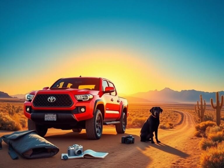 Flick International A Toyota Tacoma truck parked in a vast desert landscape at sunset with a black lab beside it