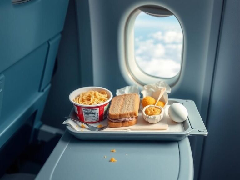 Flick International Unappetizing airplane food tray featuring high-sodium instant noodles, pungent tuna sandwich, and hard-boiled egg
