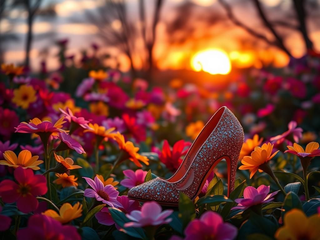 Flick International A serene garden scene with vibrant flowers and high-heeled shoes symbolizing Jiggly Caliente's legacy