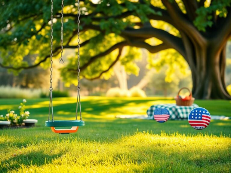 Flick International Serene park scene with a toddler swing and picnic area symbolizing childhood innocence and family connections