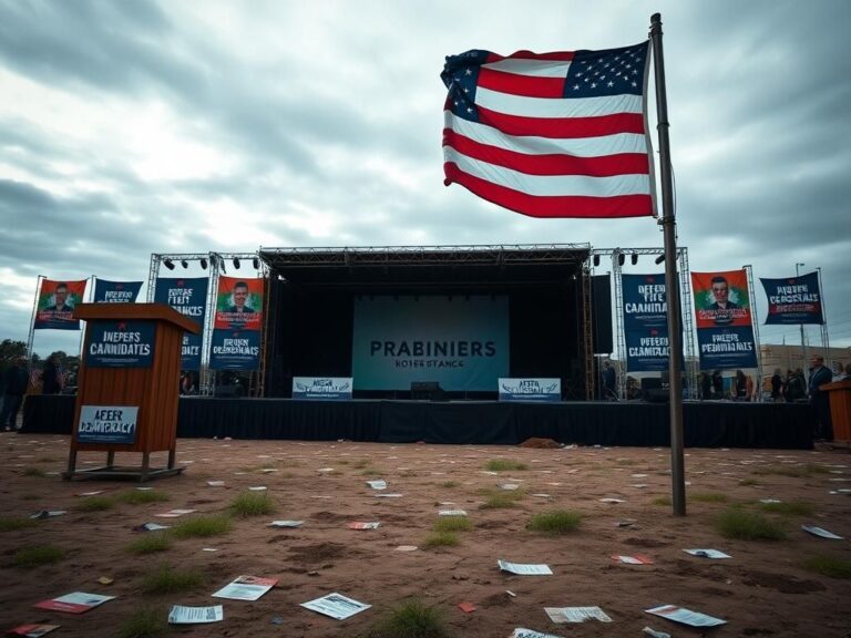 Flick International Empty rally stage with rustic podiums and colorful progressive banners
