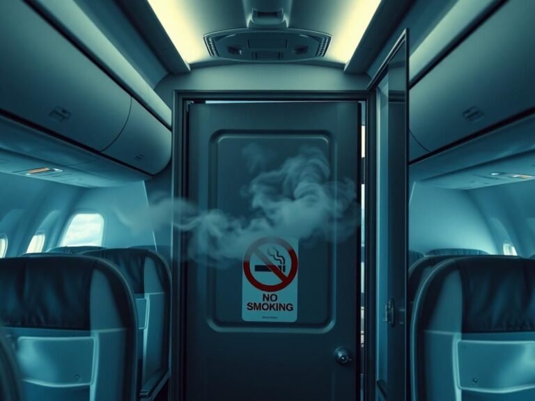 Flick International Close-up of an airplane lavatory door ajar with vapor escaping