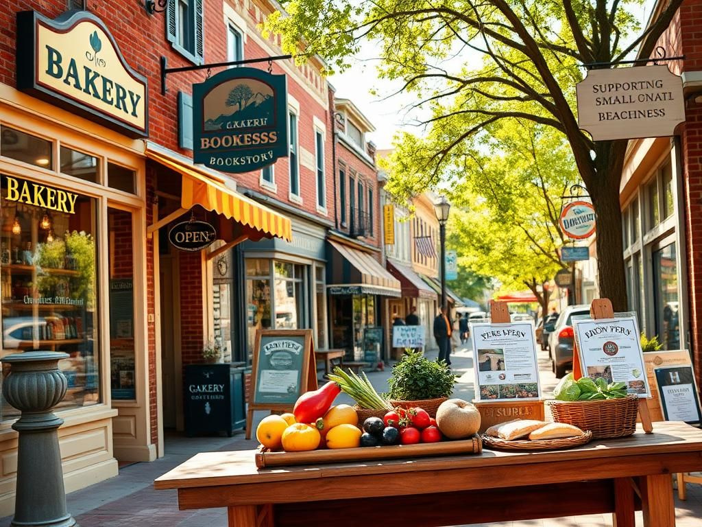 Flick International A vibrant small-town Main Street featuring bustling small businesses like a bakery and cafe.