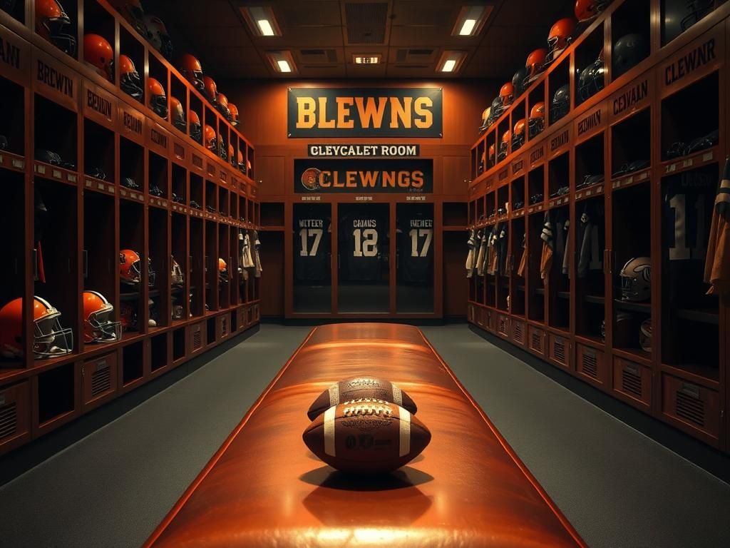 Flick International A modern football locker room filled with Cleveland Browns memorabilia and a single football on a shiny bench