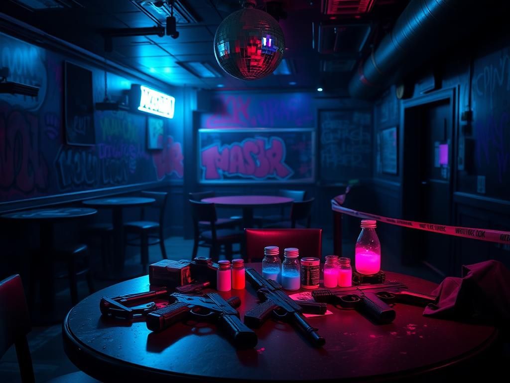 Flick International Dimly lit underground nightclub scene with shadows of abandoned barstools and colorful drugs on display