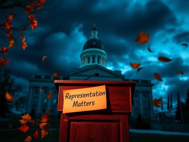 Flick International Dramatic scene of the Maine State Capitol at dusk with an empty podium representing silenced voices on trans athlete legislation