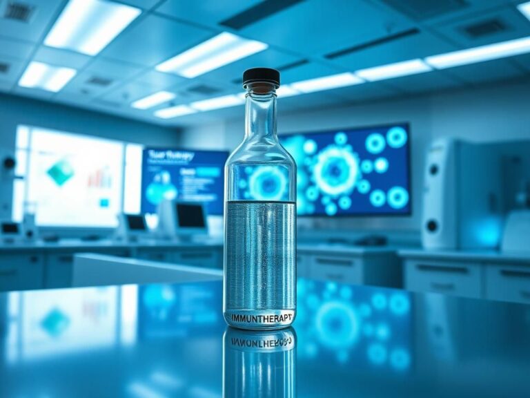 Flick International Glass vial labeled 'Immunotherapy' in a modern cancer research laboratory