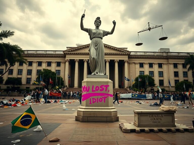 Flick International Statue of Justice defaced with pink lipstick by pro-Bolsonaro protester during 2023 demonstrations