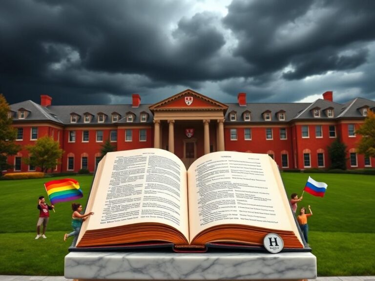 Flick International Grand facade of Harvard University with a law journal on a marble pedestal