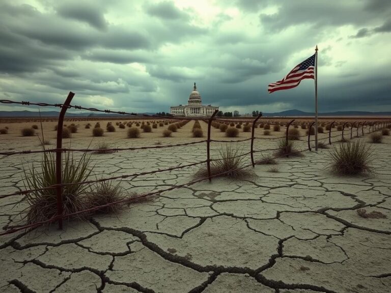 Flick International Cracked, dry earth with a rusted barbed wire fence and a government building in the background
