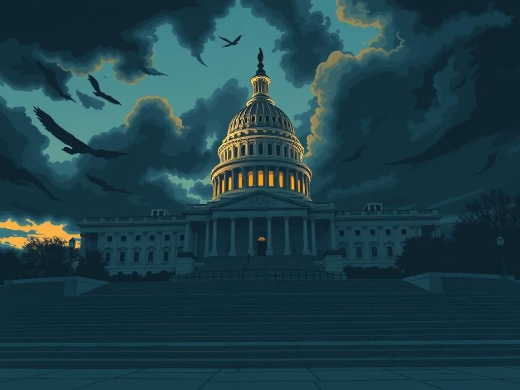 Flick International Dramatic illustration of the U.S. Capitol Building under stormy skies symbolizing political tensions