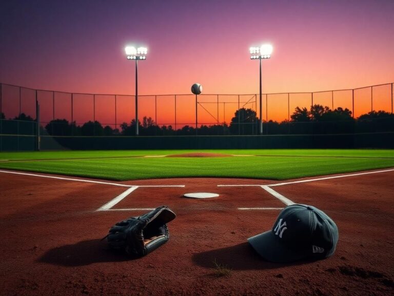 Flick International A dramatic baseball field scene at dusk with an empty pitcher's mound and home plate